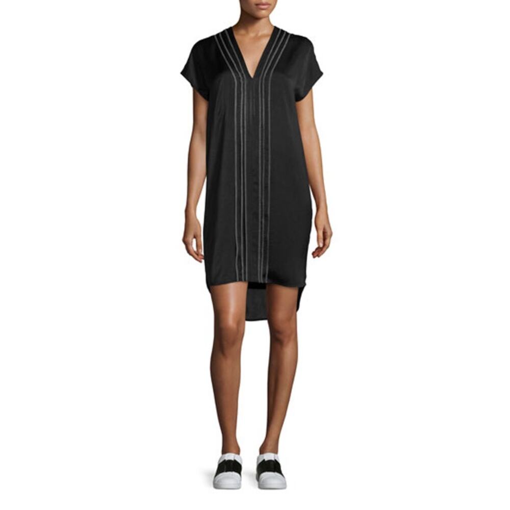 Vince Embroidered Front V-Neck Shift Dress Black Size 4 Minimalist Relaxed Fit - Picture 3 of 16